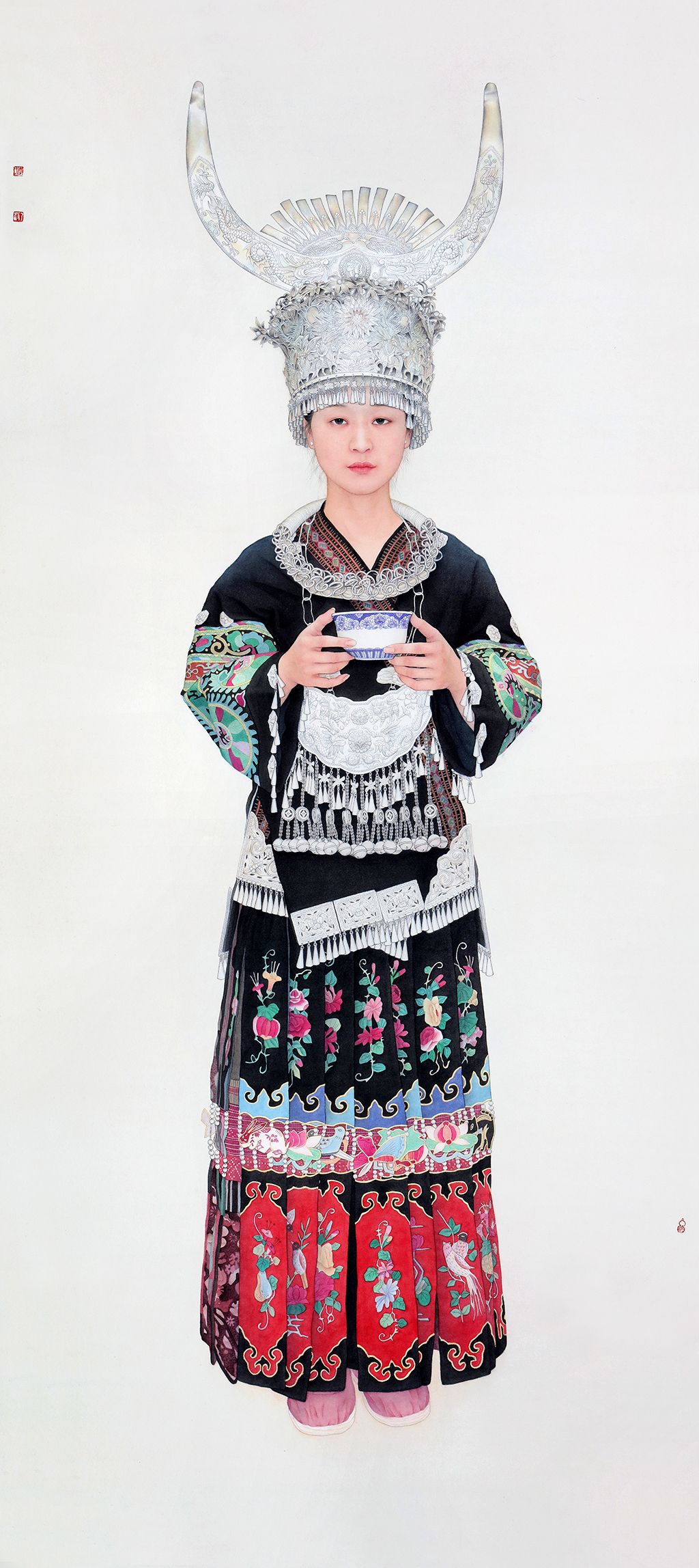 工筆畫《苗寨酒歌》紙本，畫芯尺寸：224cmX100cm,2021年8月創(chuàng)作，李乃蔚。