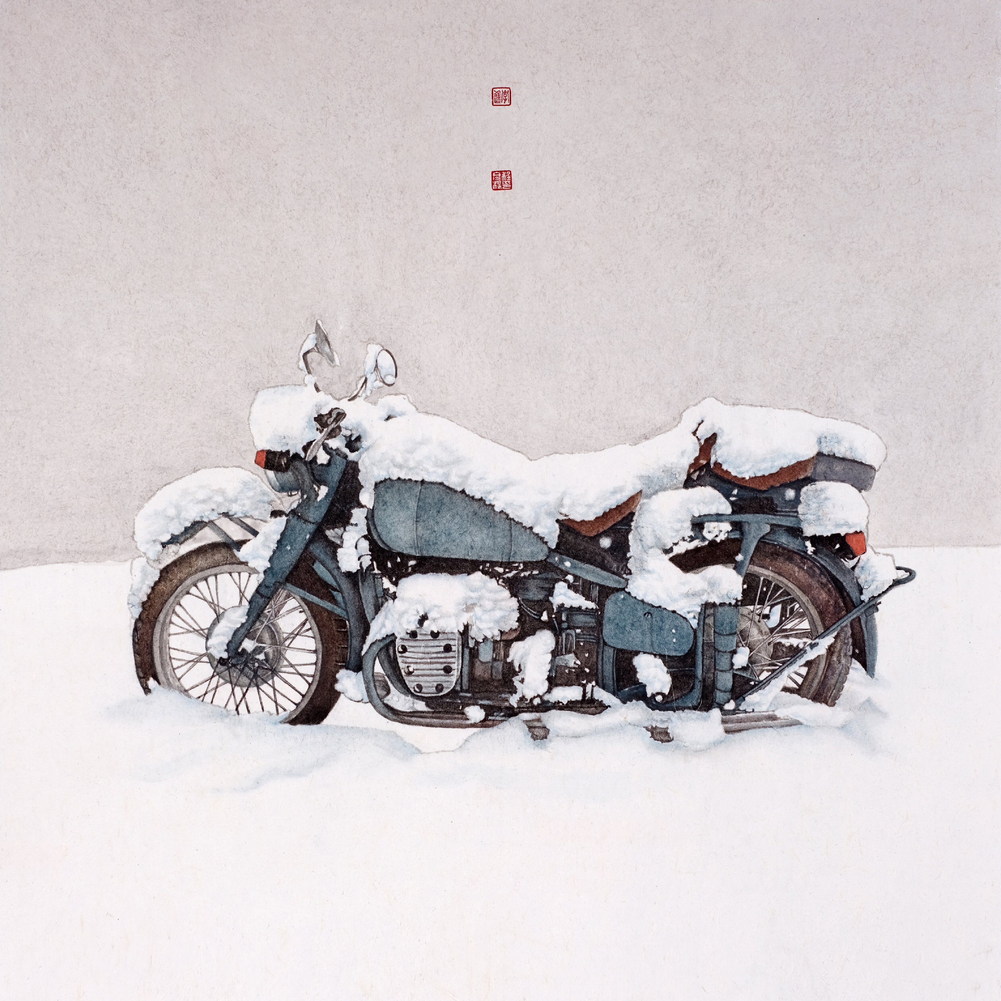 203李進  程冬梅+《雪中摩托》+中國畫 72cmx72